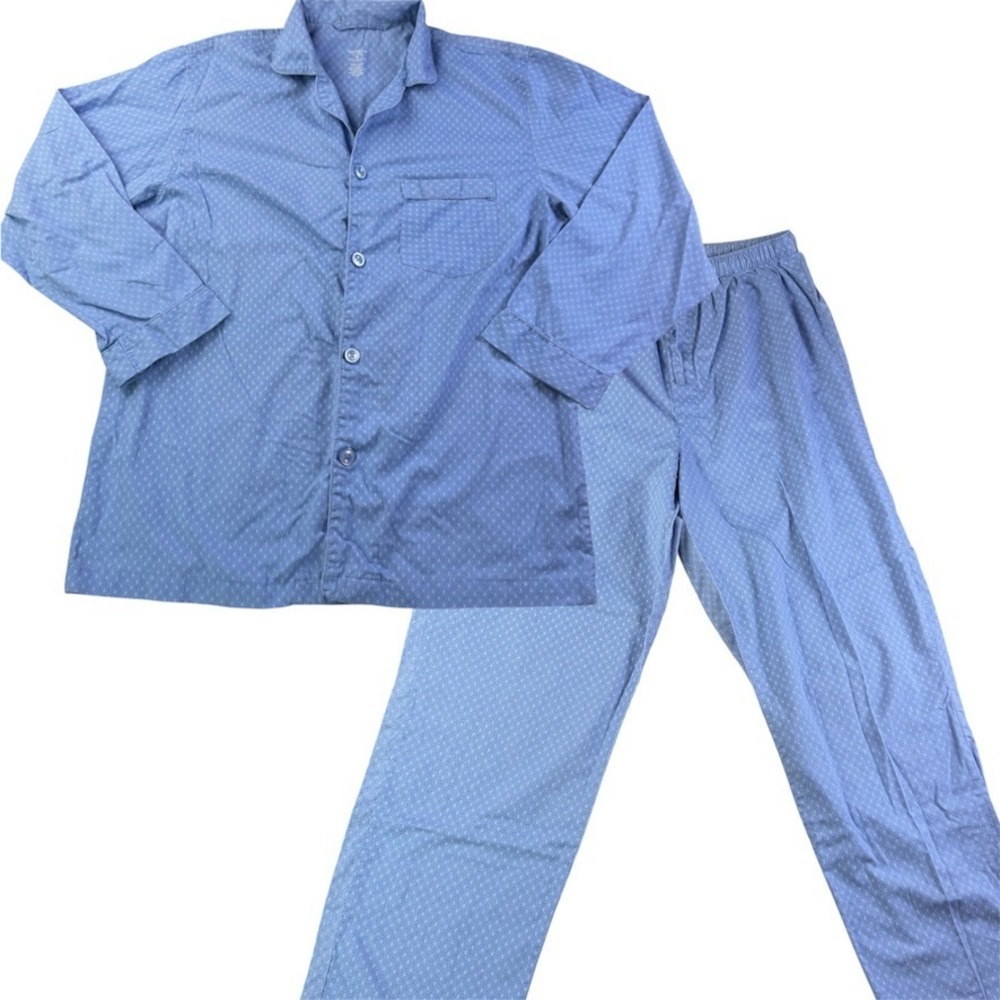 Van Heusen Mens Pajama Set Blue Diamond Print Button Down Top Pants Size M